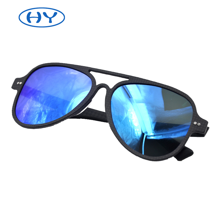 Classic Pilot Mirrored Flat Lens Sunglasses Carbon Fiber Frame with Spring Hinges